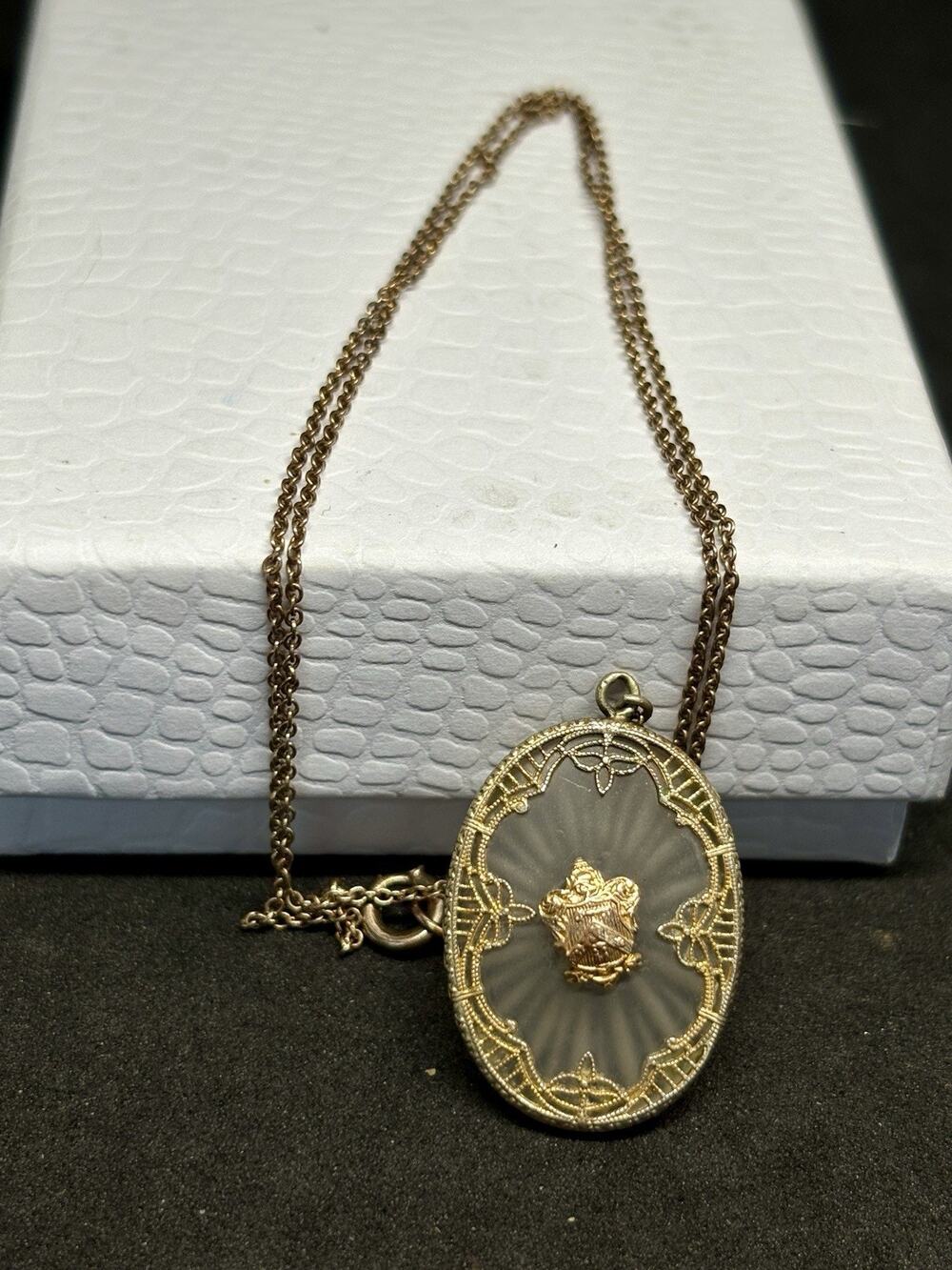 Antique Art Deco Camphor Glass Filigree Crest Pendant Necklace 12k Gold Filled